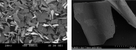 side-by-side photos of flake shaped ferrite powder