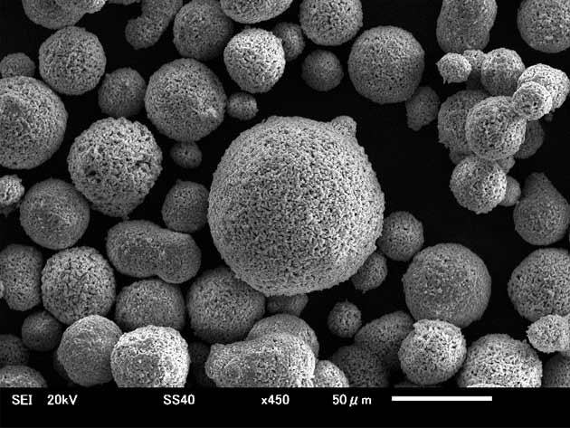 New hematite particles under a microscope shows spherical structure; Patent No. US/10919779